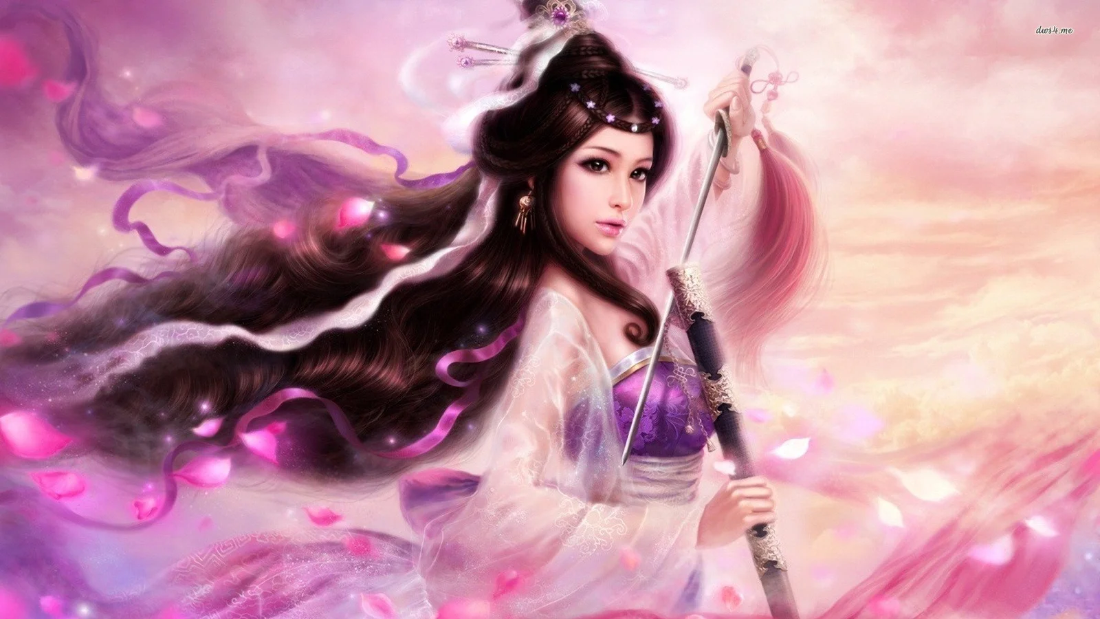 一名长发女子手持剑，置身于粉色花瓣与柔和的粉紫色背景中。