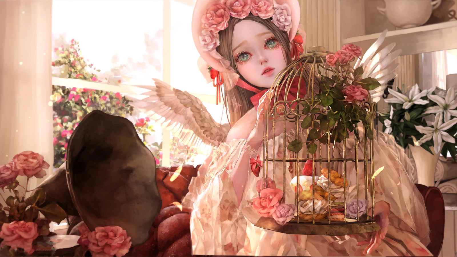 画面展示一位身穿浅色服饰的动漫女性，身旁摆放着装饰花卉的鸟笼，背景明亮柔和。