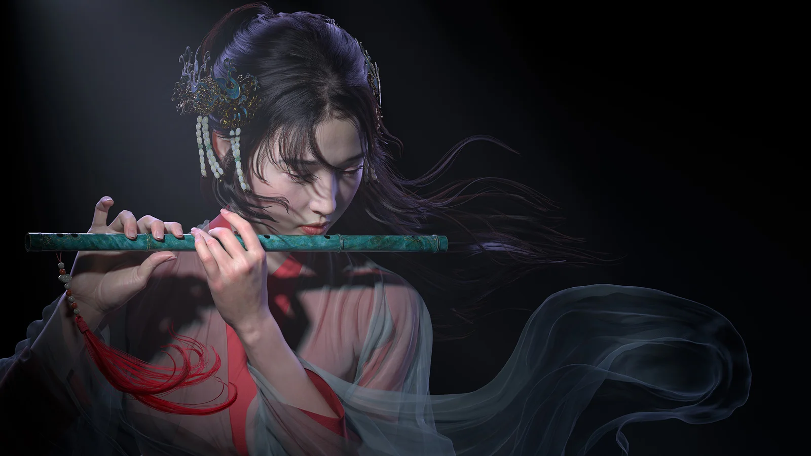 一名身着古风服饰的动漫女性在黑色背景前吹奏长笛，长发和衣带随风飘动。