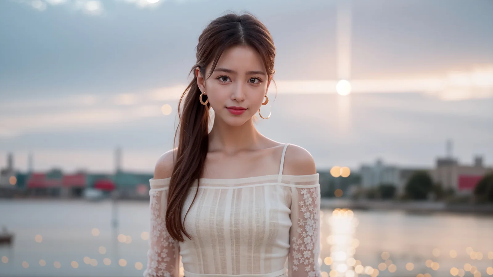 해 질 무렵 물가에 선 성인 여성의 뒤로 흐릿한 도시 풍경과 수면의 반사가 보인다.