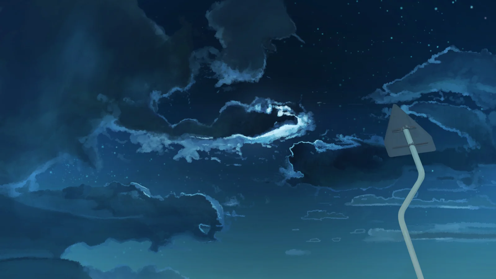雲と星が広がる濃い青色の夜空に、右側へ曲がった標識柱が見える。