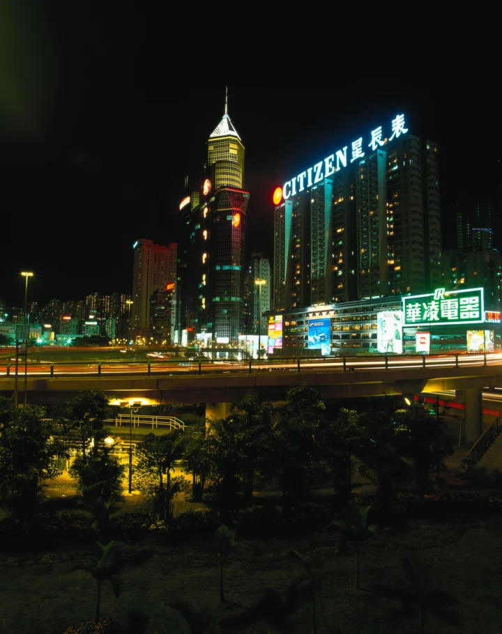 夜色中的高楼、霓虹招牌与高架道路构成繁华的城市夜景。