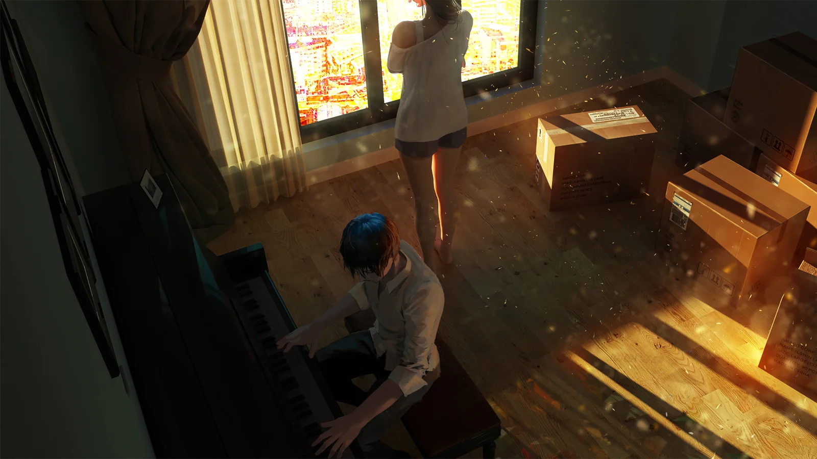 アニメ調の室内で、手前の人物がピアノの前に座り、もう一人が窓辺に立っており、近くに段ボール箱があります。