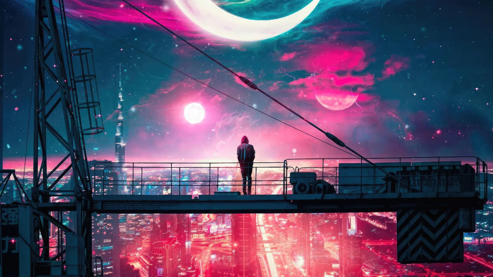 粉蓝色星云、月体与繁星映照着下方的霓虹城市，一名剪影人物站在高架平台上。