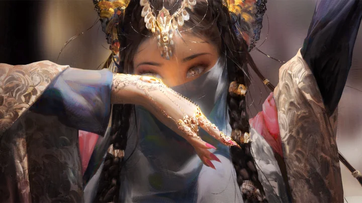 一名佩戴华丽头饰、面覆薄纱并编着长辫的女性角色占据画面主体。