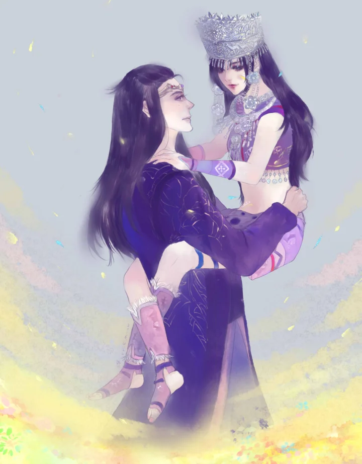 一幅竖幅动漫风格插画，描绘两名身穿华丽紫色服饰的黑发女性，背景点缀着浅色花朵。