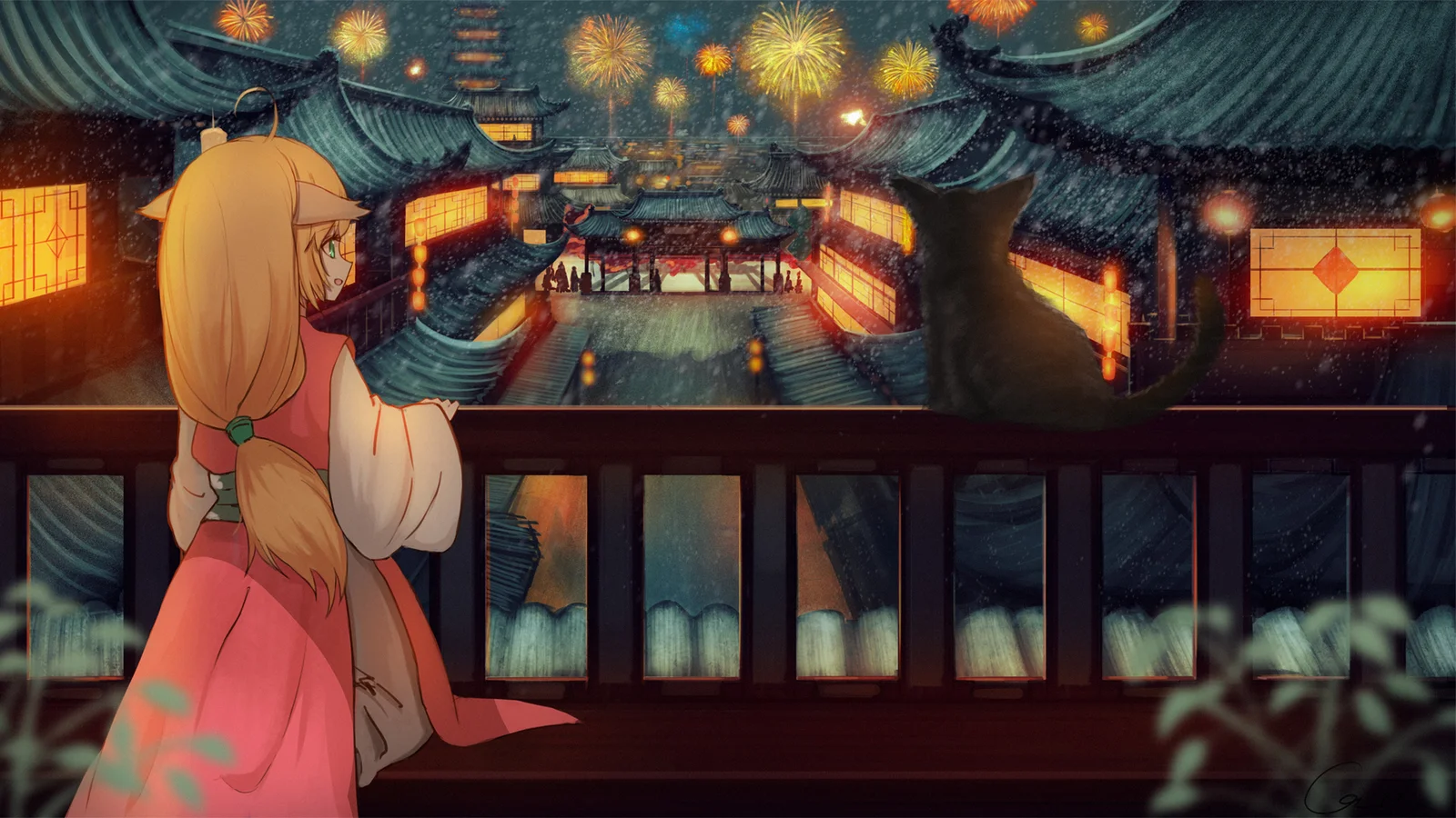 アニメ風の女性が列車の前方に立ち、色鮮やかな花火が上がる明るい夜の街を眺めている。