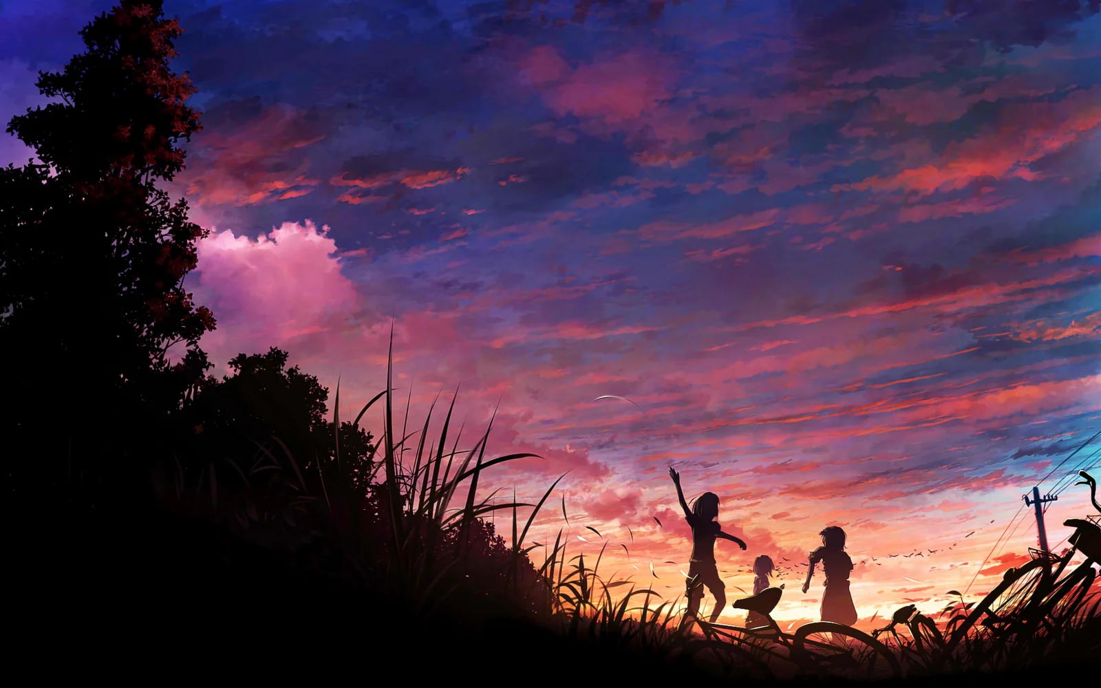 鮮やかなピンクと紫の夕焼けが空を彩り、前景には木々や草むらと数人のシルエットが描かれています。