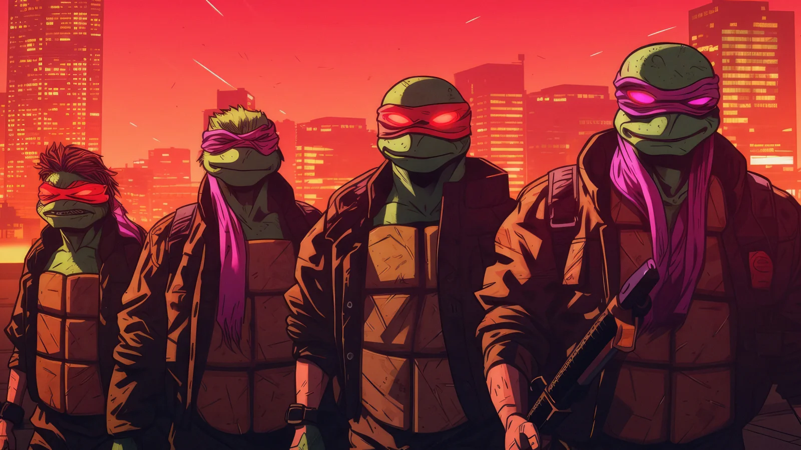 暗い服とマスクを身に着けた4人のカメのようなキャラクターが、夕日に照らされた都市のスカイラインの前に立っている。