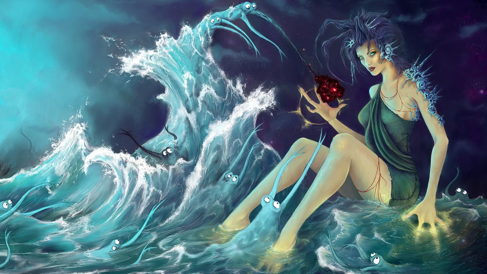 一名成年女子坐在翻涌的海浪中，周围点缀着奇幻的水中生物。