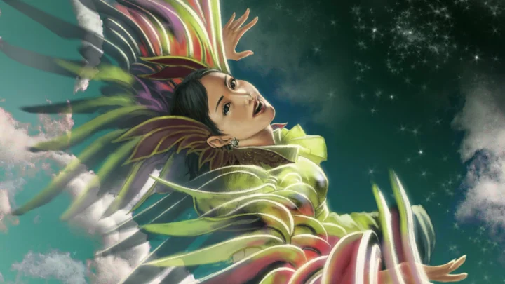 一名身着鲜艳羽饰服装的插画女子仰望着星空。