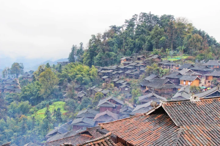 山坡上的传统村落依山而建，层叠的瓦顶房屋掩映在树林与雾气之间。