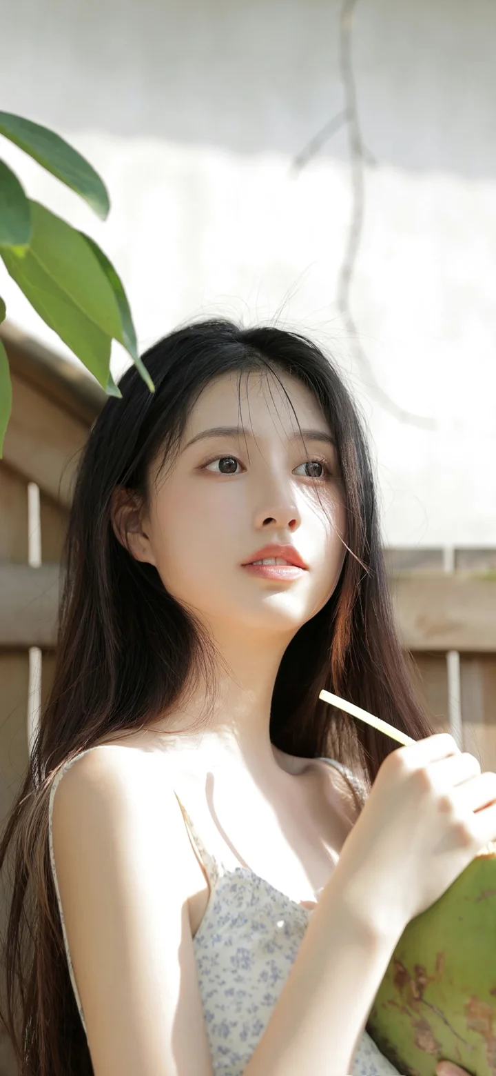 一位长发女子在明亮的室内环境中手持吸管靠近绿色椰子，旁边有热带植物叶片。