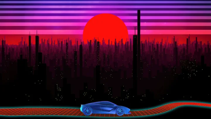 紫红色夕阳映照着黑色城市天际线，前景是一条霓虹网格道路和一辆蓝色跑车。