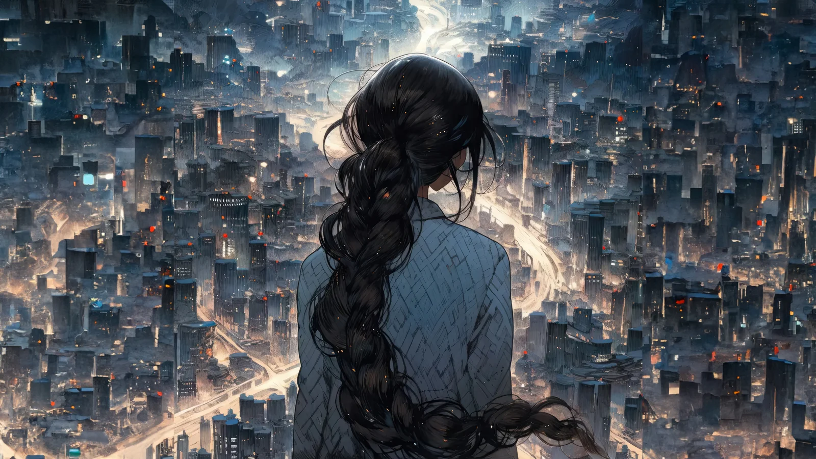 一名長髮女性背對畫面站在前景，俯瞰燈火交錯的未來感城市。