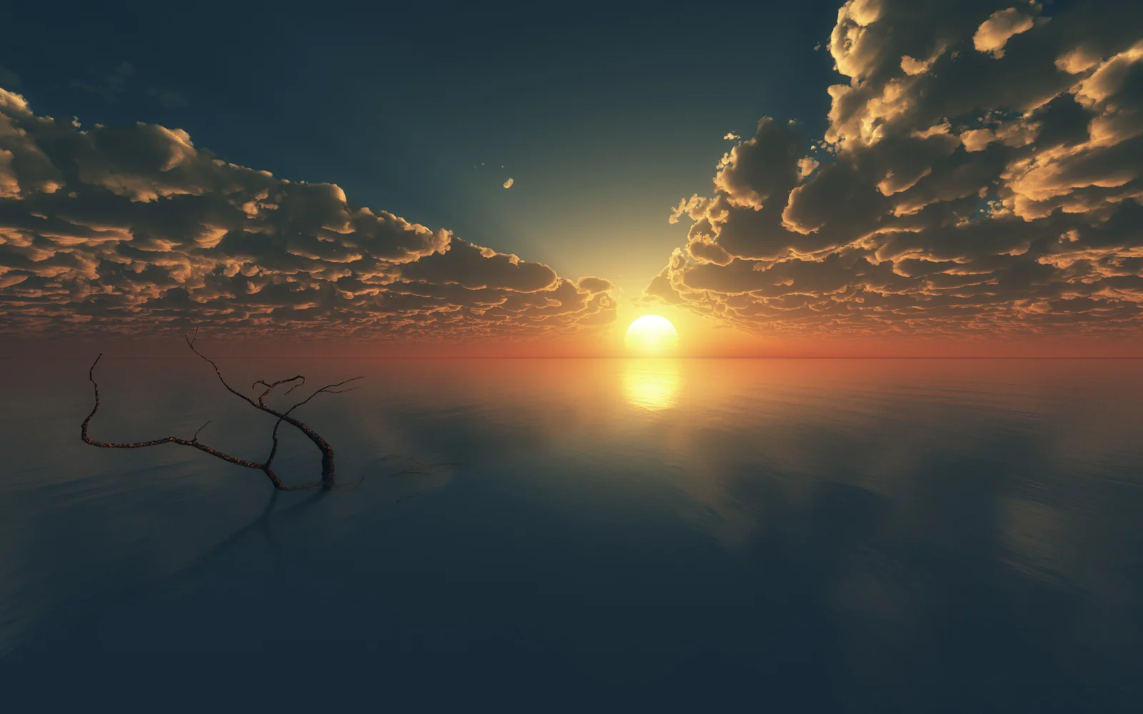 夕日が穏やかな海面を照らし、空には金色の雲が広がっています。