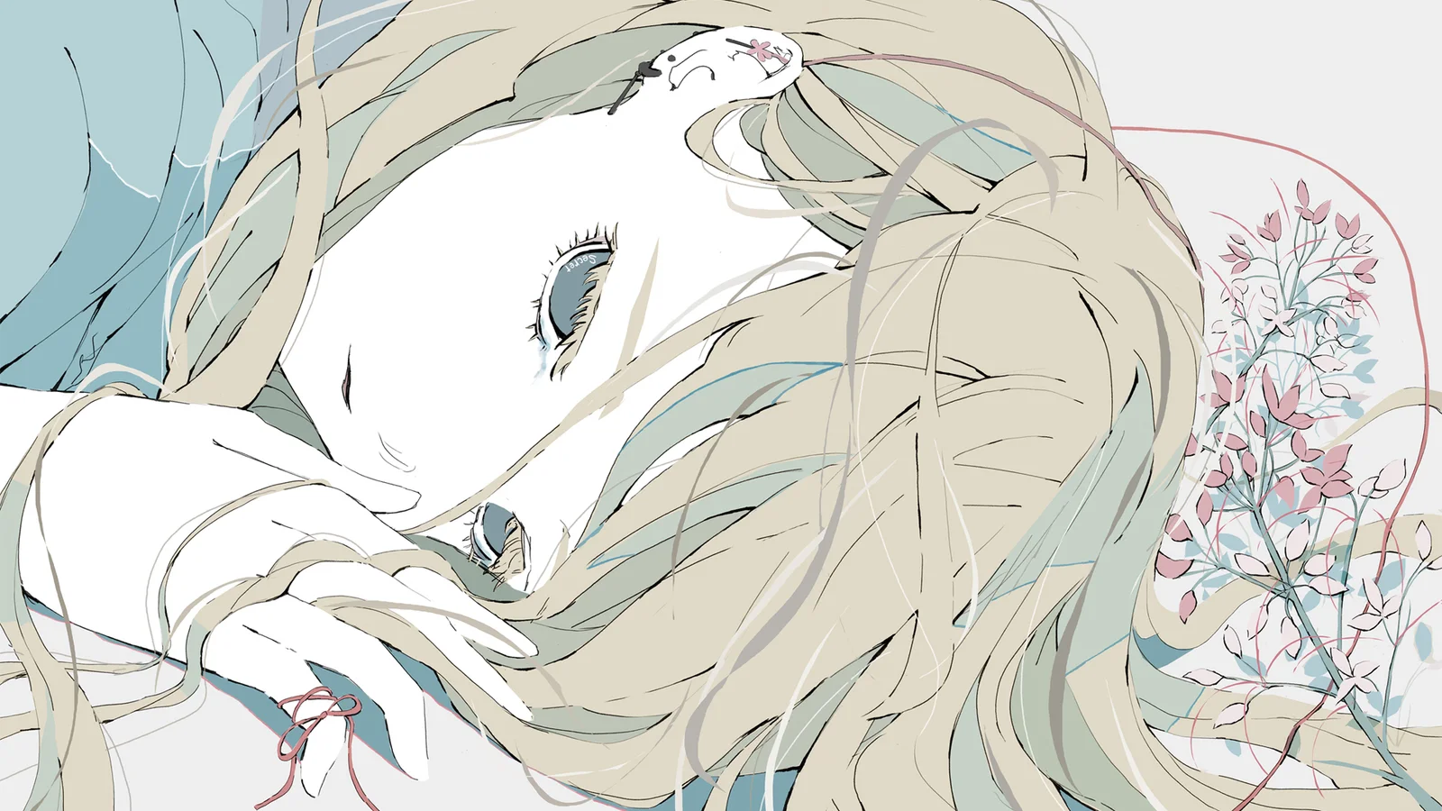 一幅描绘长发动漫女性侧脸与花枝的浅色插画。