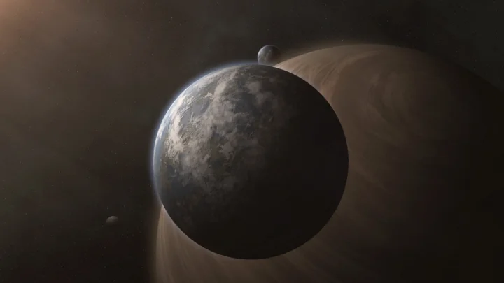 深色星空中，一颗巨大行星位于前景，后方可见带有星环的行星和几颗小卫星。