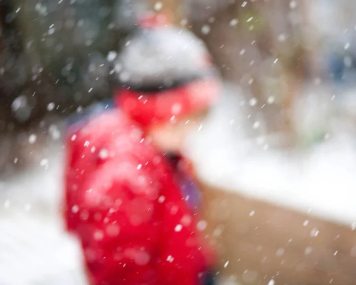 一名身穿红色外套、戴着灰色帽子的人被飘落的雪花环绕，画面整体呈现柔焦效果。