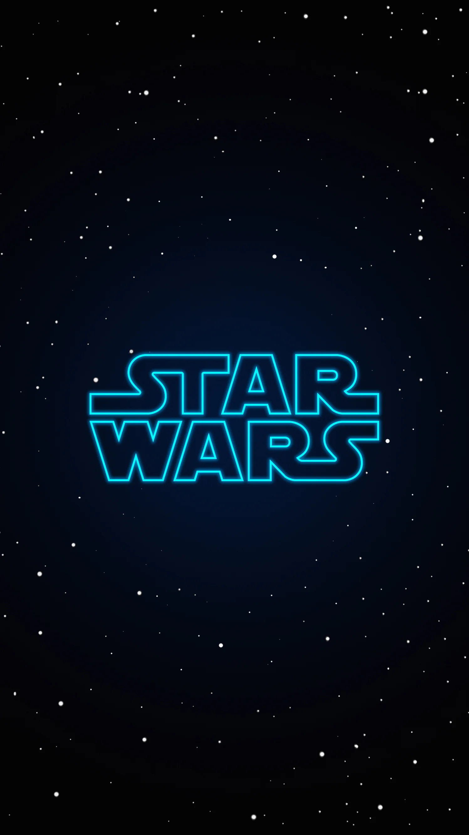 深色星空背景中央呈现蓝色发光的“STAR WARS”标志。
