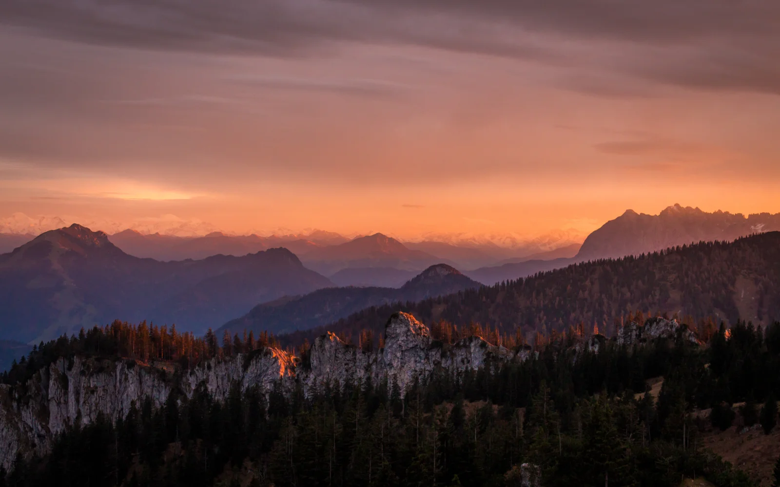 夕陽映照著遠處的群山、森林與岩石山脊。