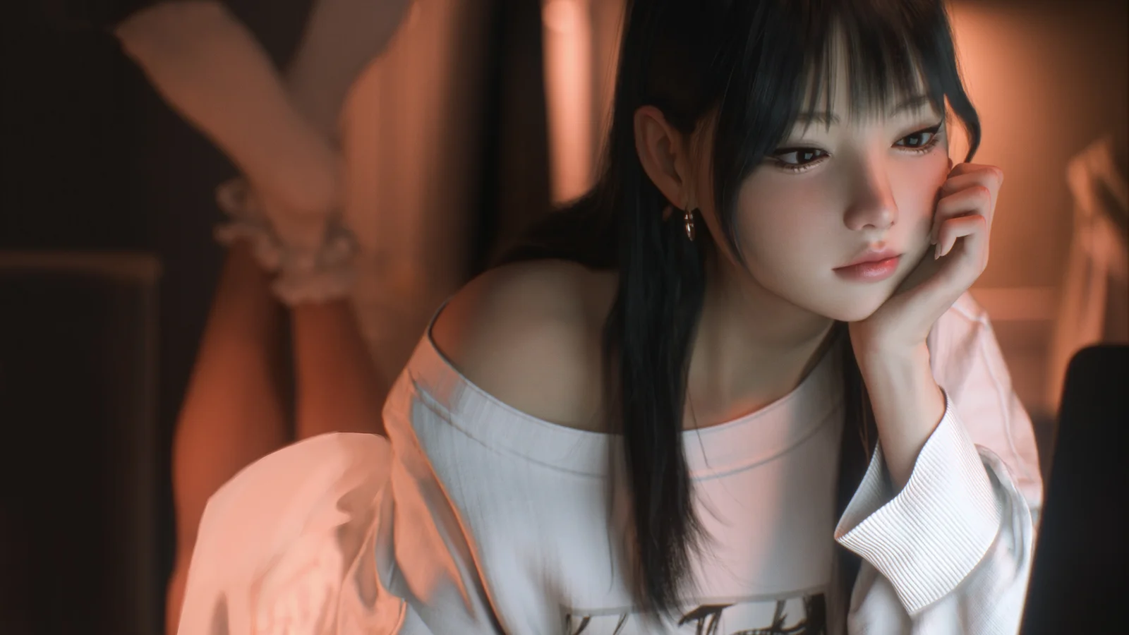 검은 머리의 애니메이션풍 여성이 흰색 오프숄더 상의를 입고 따뜻한 실내에서 턱을 괴고 있다.