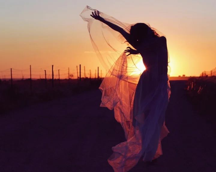 夕阳下，一名成年人的剪影举起半透明飘逸的布料，站在乡间道路上。