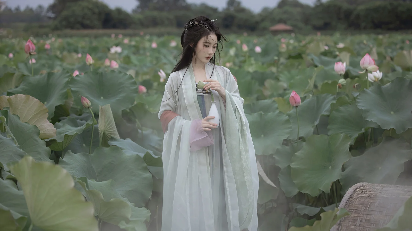 一名身穿浅色传统服饰的女子站在荷花与荷叶环绕的池塘中。