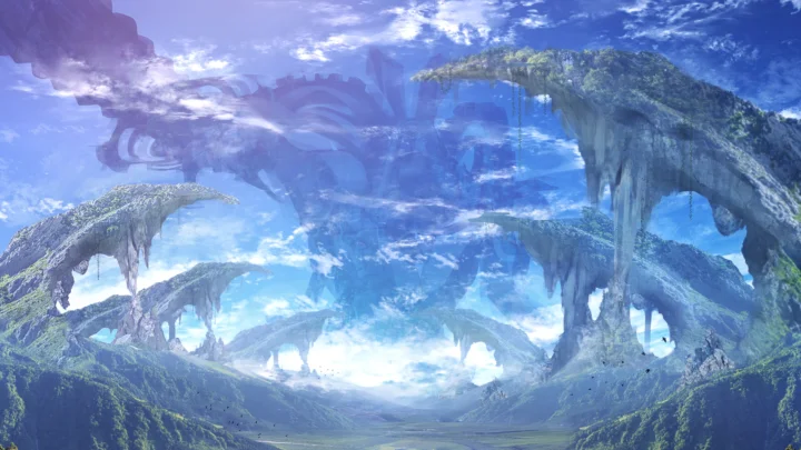 蓝色天空下，巨大的悬浮山体与云层构成奇幻的广阔景观。