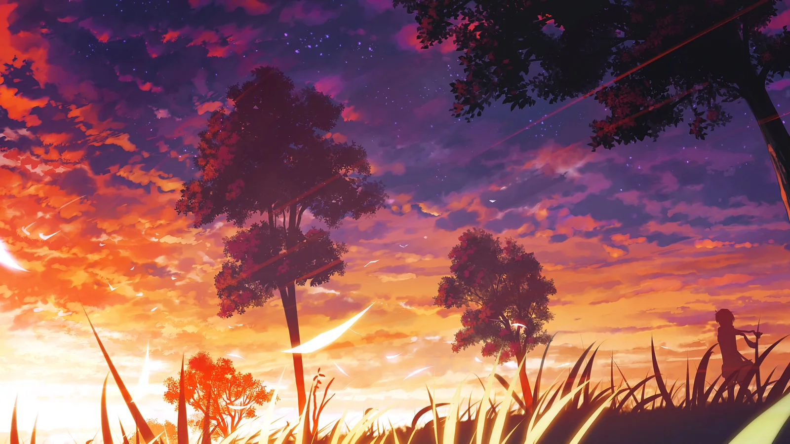 动漫风格的橙紫色夕阳映照着树木、草丛与云彩，远处可见一道人影剪影。
