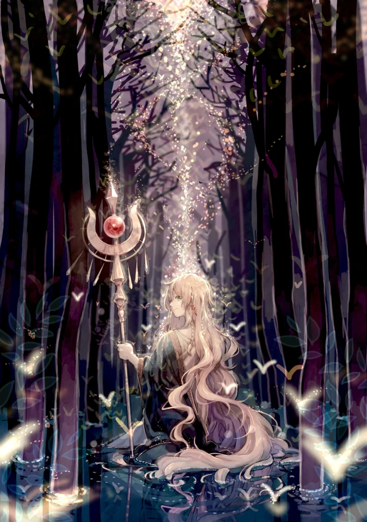 長い髪のアニメキャラクターが華麗な杖を持ち、光る粒子が漂う暗い森に立っています。