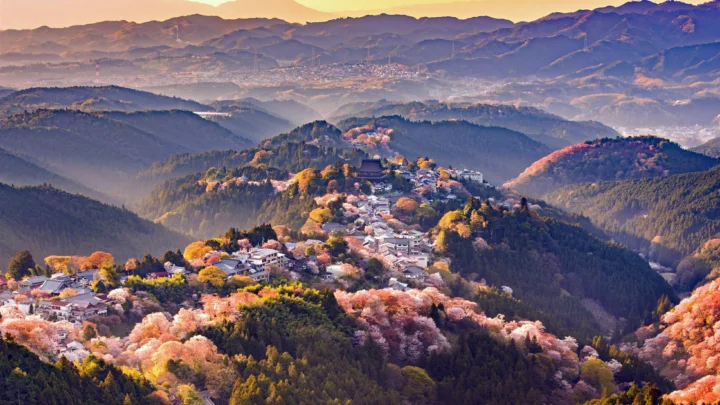 秋日山村坐落在层叠群山与森林之间，远处山脉沐浴在柔和光线中。