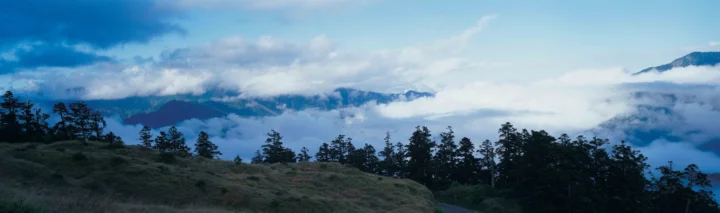 山林前景延伸至远处被云雾环绕的群山，天空呈现蓝白色调。