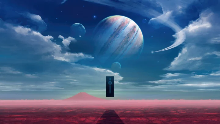 巨大的彩色行星悬浮在星空与云层之上，远处延伸着粉色的未来感地平线。