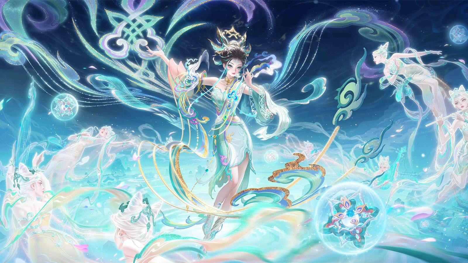 画面中央是一位身着青绿色服饰的奇幻女性形象，周围环绕着发光飘带、半透明人物和梦幻的蓝色星空背景。
