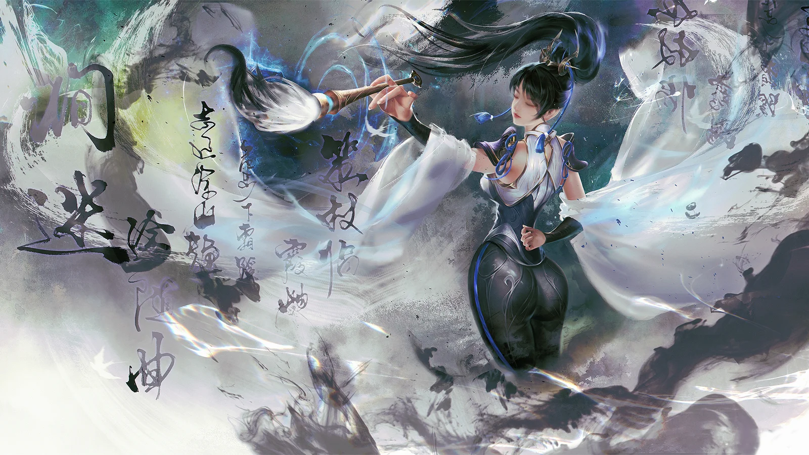画面呈现一名身着白衣与深色服饰的动漫女性角色，周围环绕水墨笔触、书法文字与飘逸的布料。