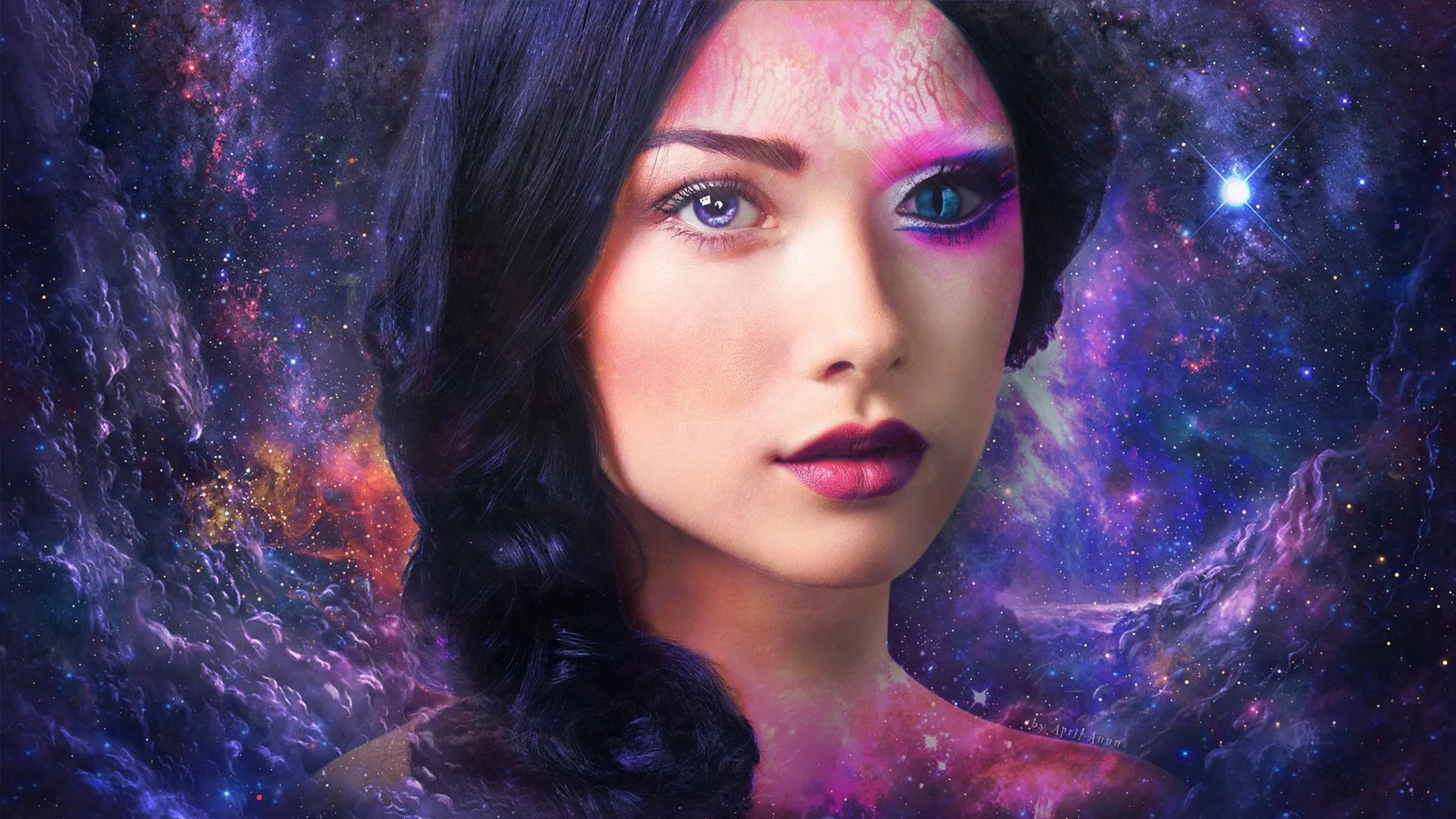一名黑发女性的数字艺术肖像置于绚丽的星云与星空背景前。