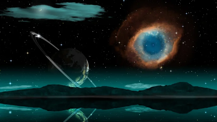 繁星背景下，一颗带环行星位于彩色蓝橙星云旁，映照在下方的水面上。