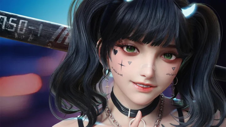 黒いツインテールと緑色の瞳、顔の装飾が特徴的なアニメ風の少女が描かれています。