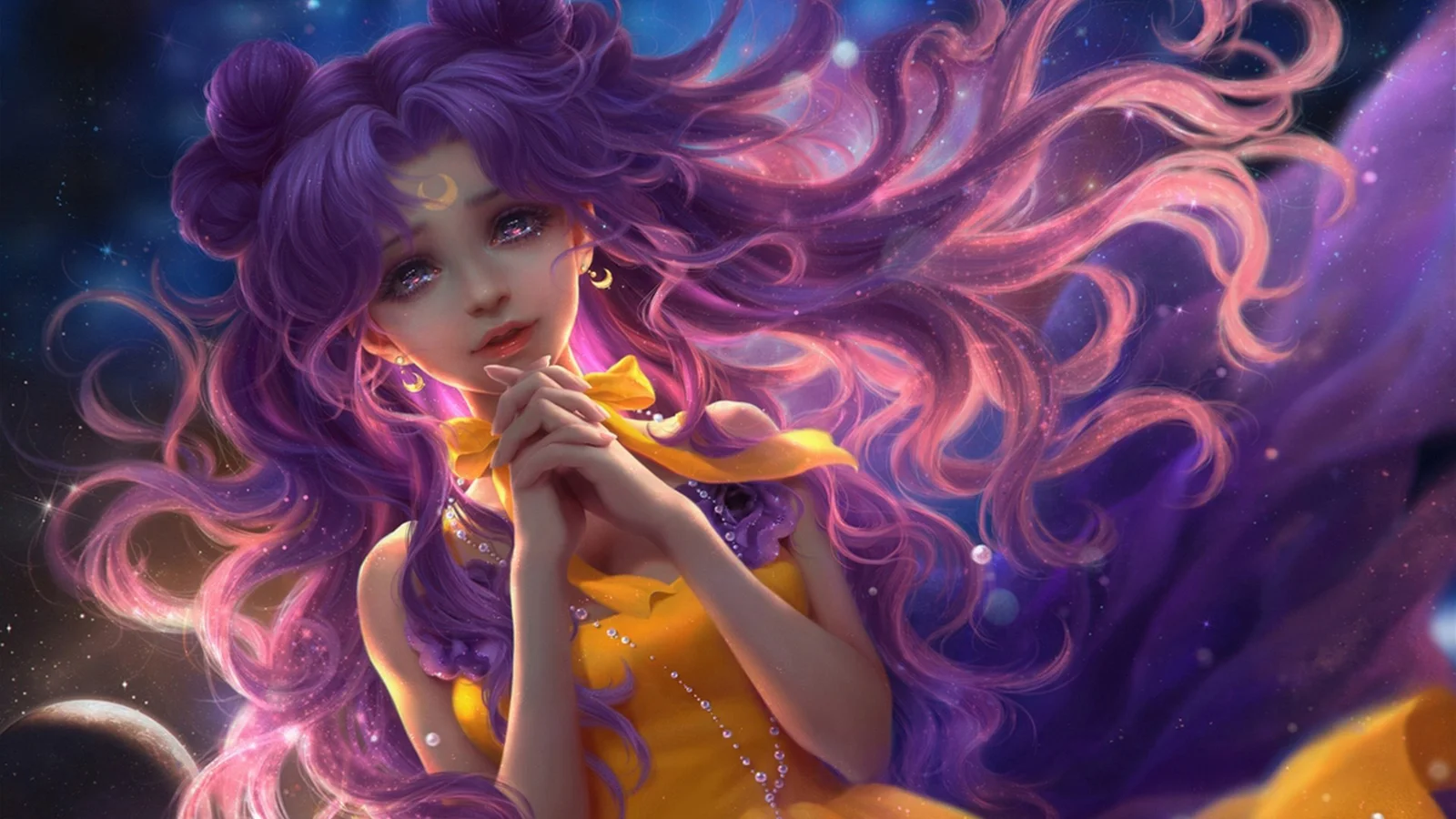 一名紫色长发的动漫风格女性身穿黄色服装，置于紫色星光背景前。