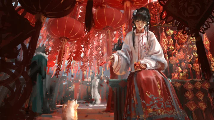 一名身穿传统风格服饰的女性置身于红灯笼和节庆装饰环绕的场景中。