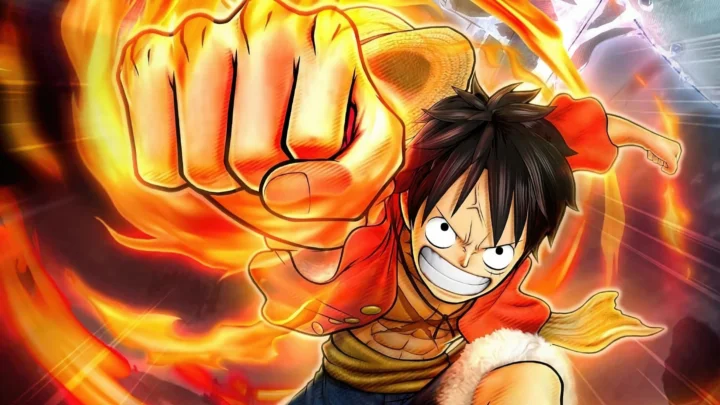 炎に包まれた黒髪のアニメキャラクターが巨大な拳を繰り出している。