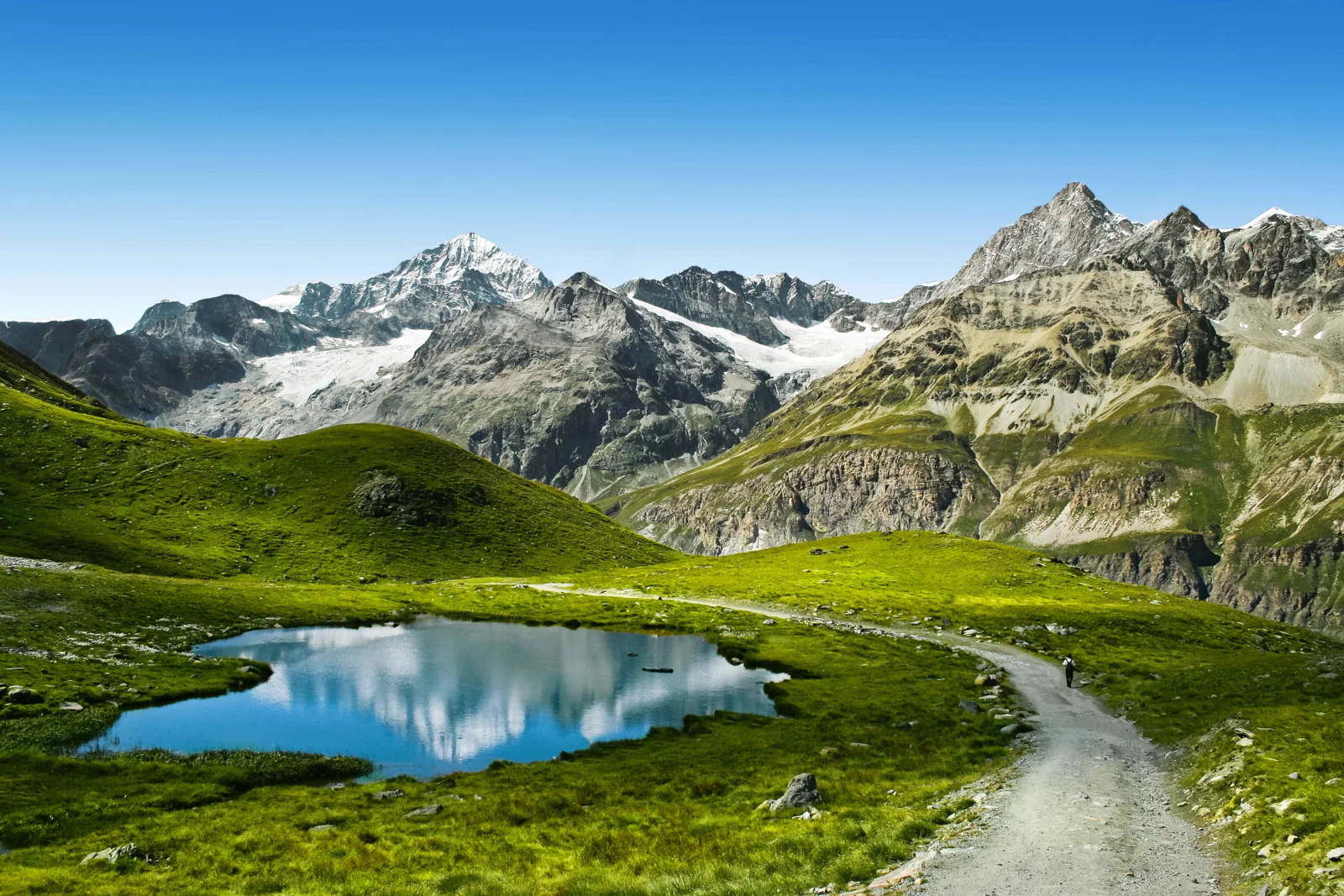 碧蓝天空下，雪山、绿色山坡、湖泊和蜿蜒小径组成一幅壮丽的高山风景。