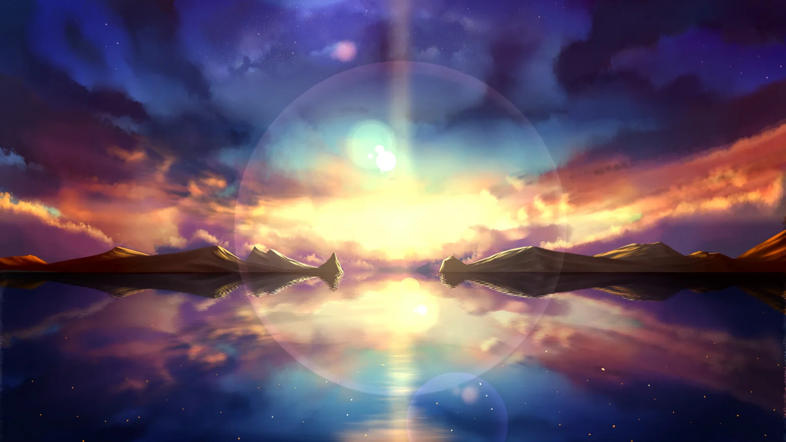 밝은 석양이 산들 사이에서 빛나며 보랏빛과 주황빛 구름과 함께 잔잔한 호수에 비치고 있습니다.