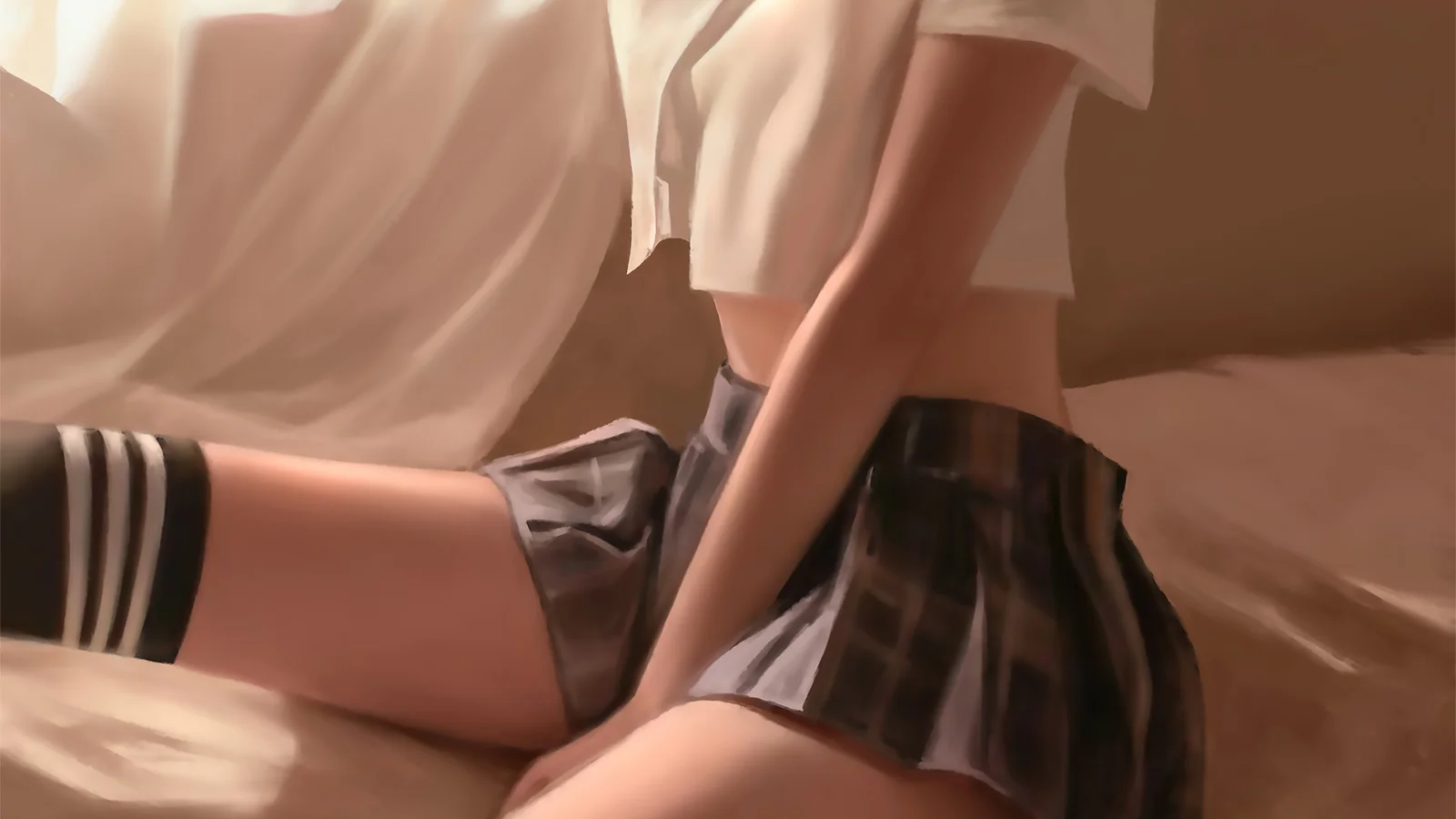 흰색 상의와 체크무늬 치마, 줄무늬 양말을 착용한 인물이 침대에 앉아 있는 따뜻한 색감의 일러스트입니다.