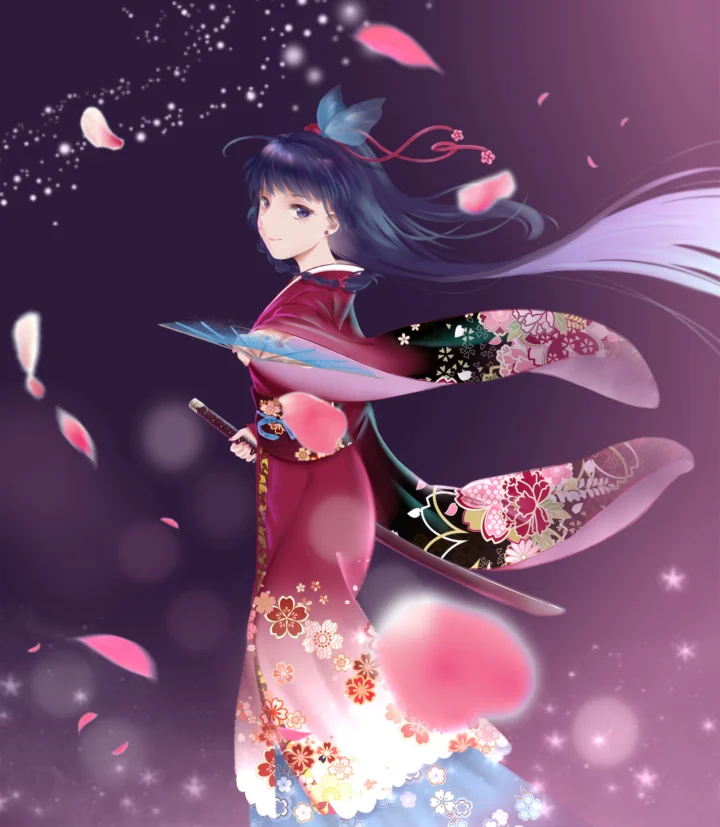 一位身穿绣花和服、手持折扇的动漫女性立于花瓣与光点环绕的紫色背景中。