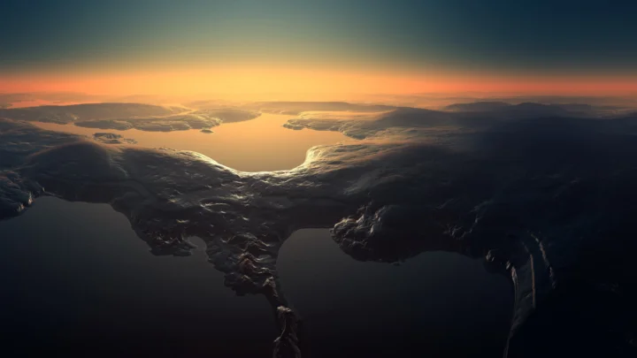 暮光映照着黑暗崎岖的星球地表与宁静水面。