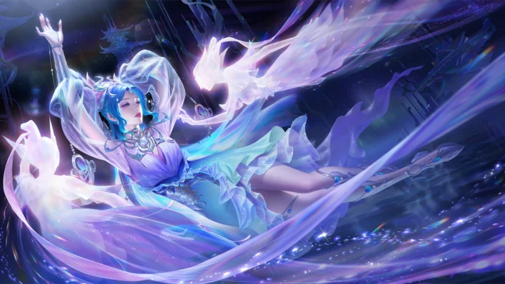 画面呈现一名蓝发动漫女性角色与发光的白色幻想生物在紫蓝色流光中飞舞。