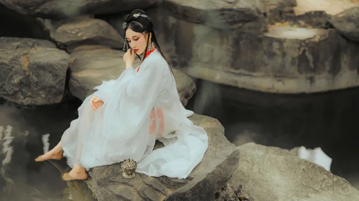一名身穿白色传统服饰的女子坐在岩石上，身旁是深色水面与岩壁。