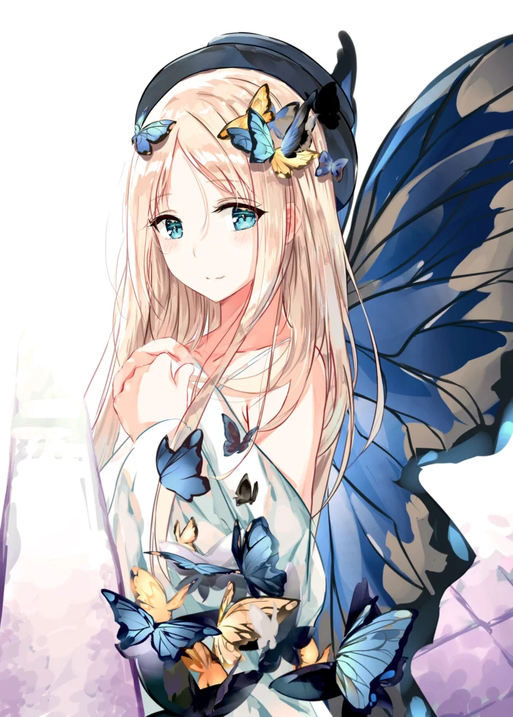 연한 색의 긴 머리를 가진 애니메이션 소녀 주변에 나비가 있고 뒤로 푸른 날개가 펼쳐져 있습니다.